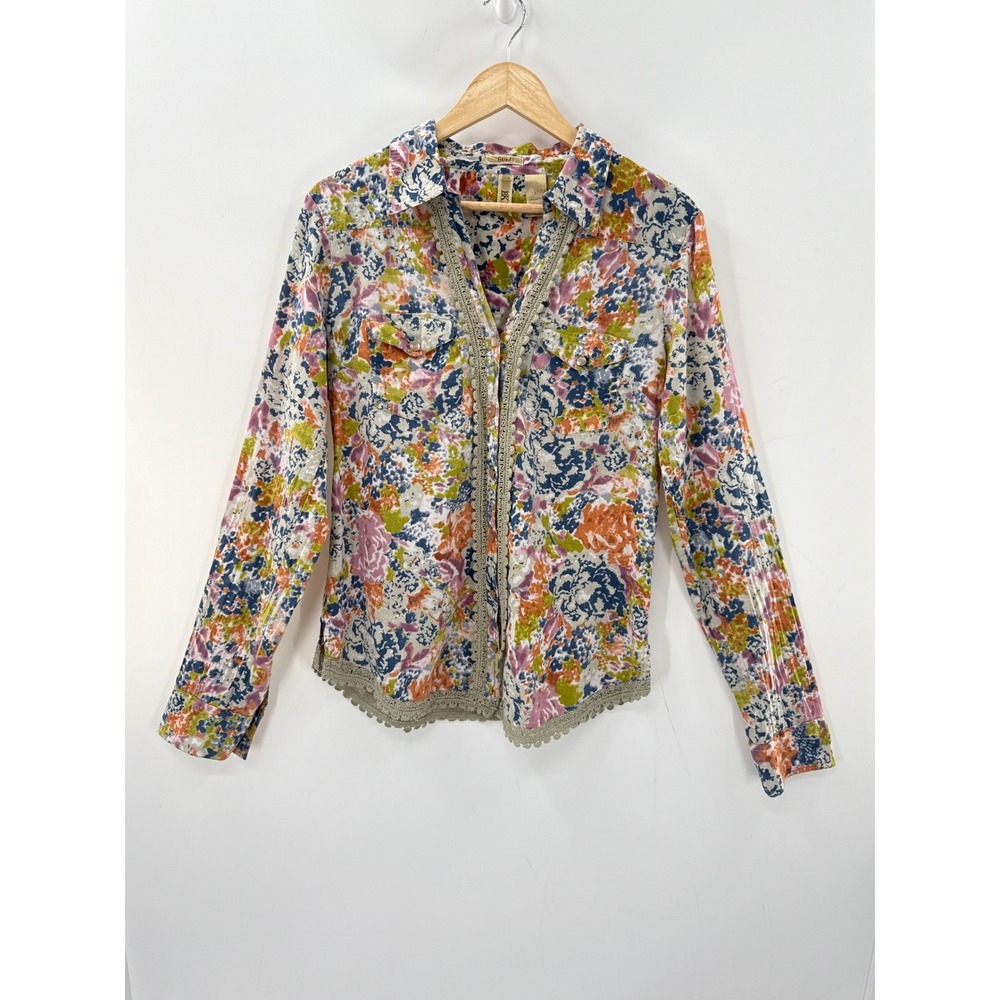 BKE Women Cotton Shirt Multicolor Floral Crochet Trim Fitted Button Down L